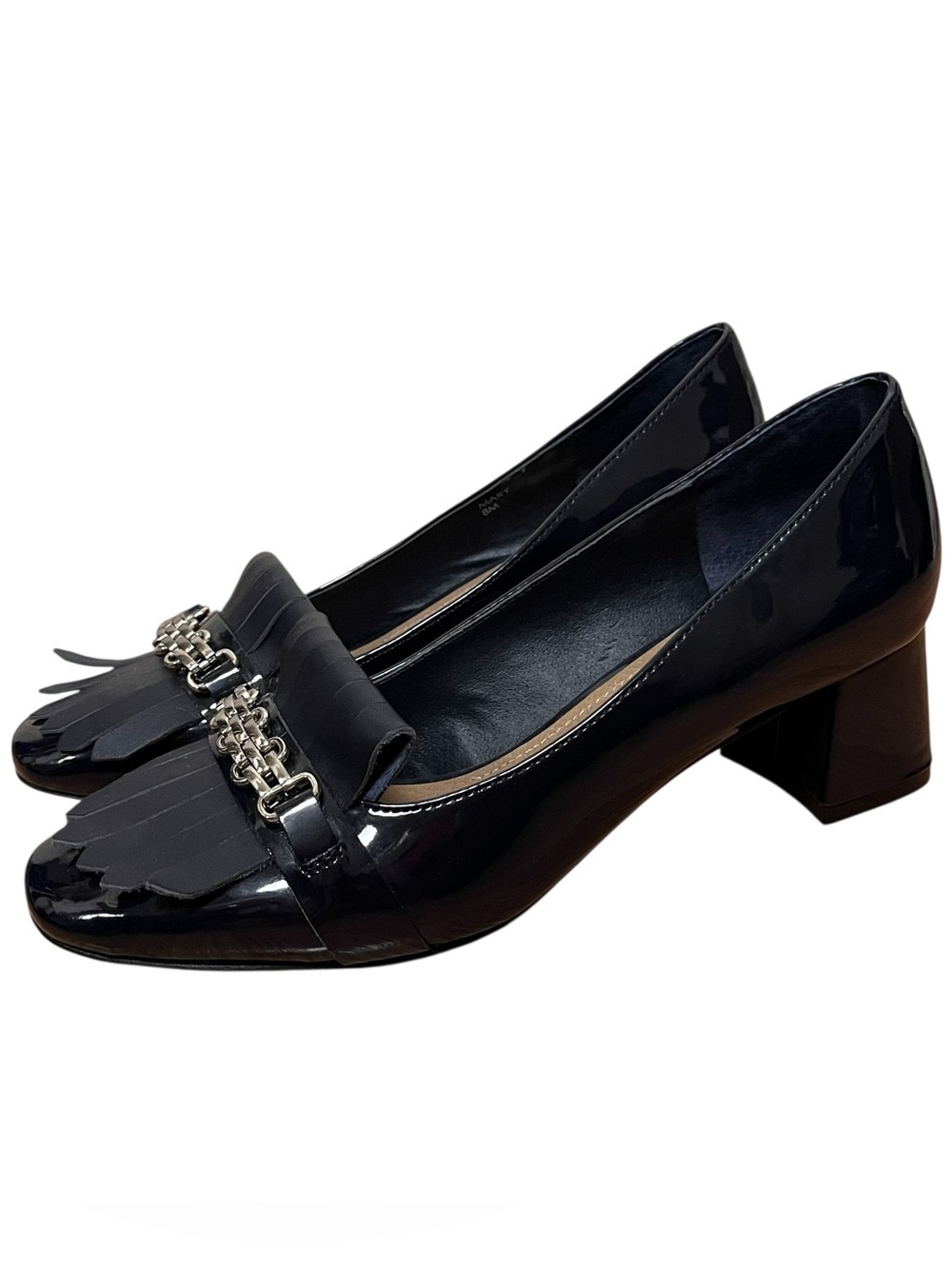 Tahari Mary Navy Patent Loafer Pumps Block Heel Fringe Chain Detail Size 8 - Picture 3 of 12